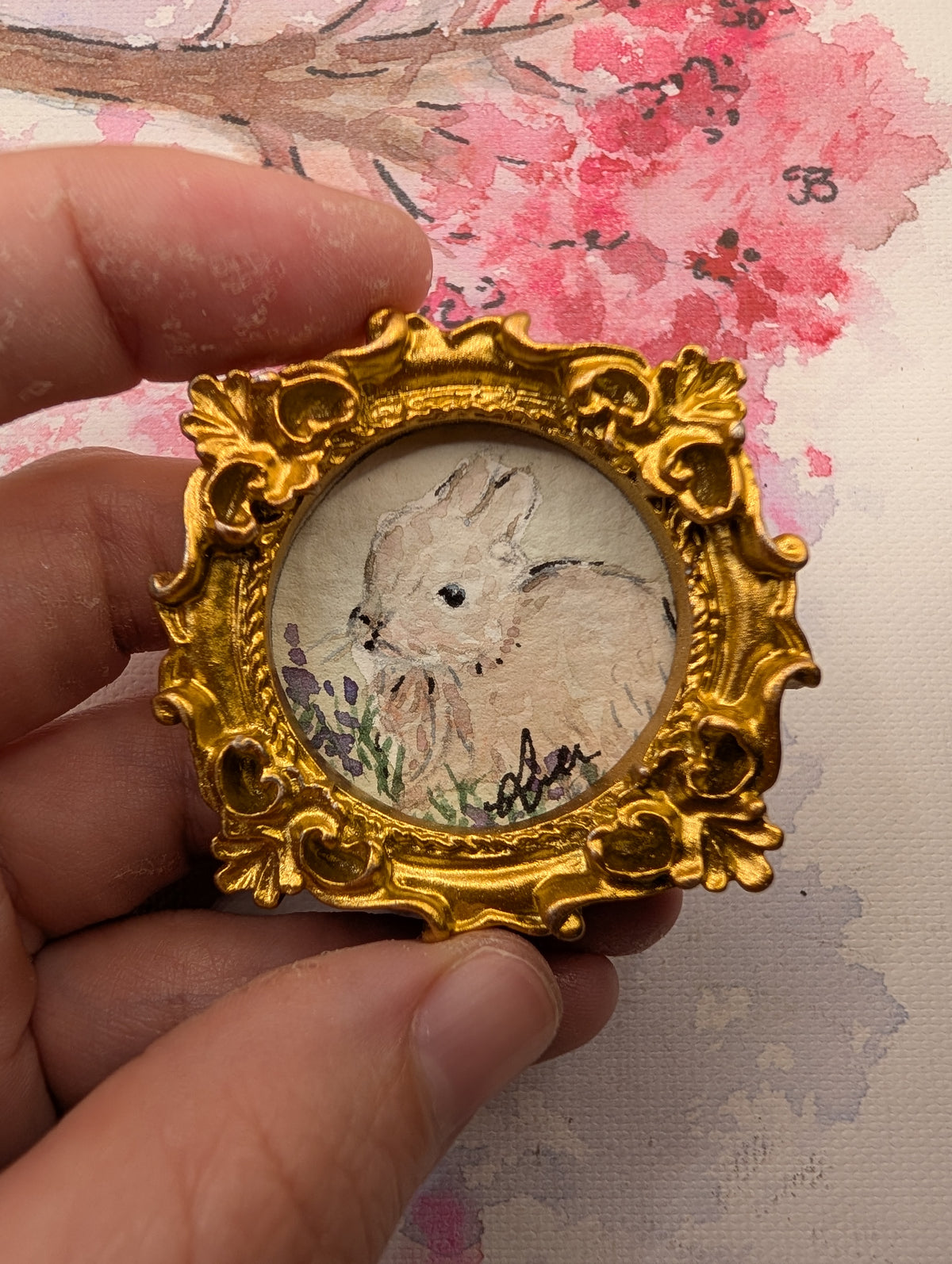 Mini Baby Bunny Painting - Original Watercolor Art by Lora Cavallin