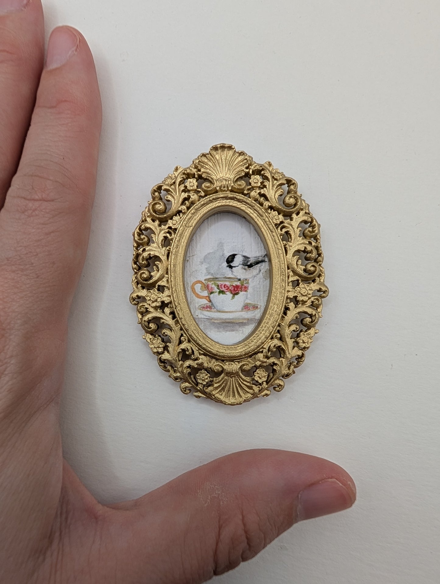 Tiny Chickadee Bird on Teacup Watercolor Art Print - Dollhouse Size - With Gold Frame