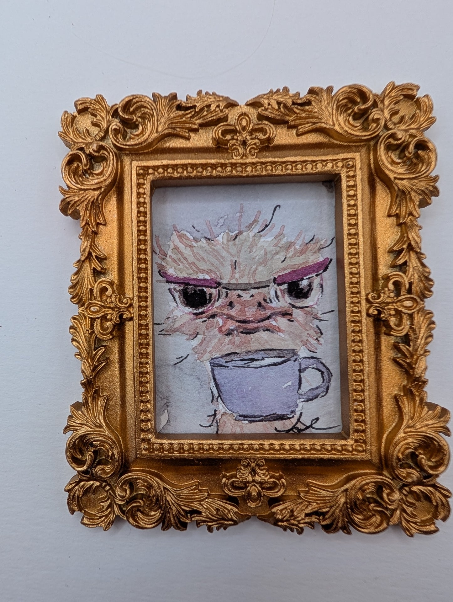 Mini Ostrich with Glasses and Mug Painting - Original Watercolor Art by Lora Cavallin