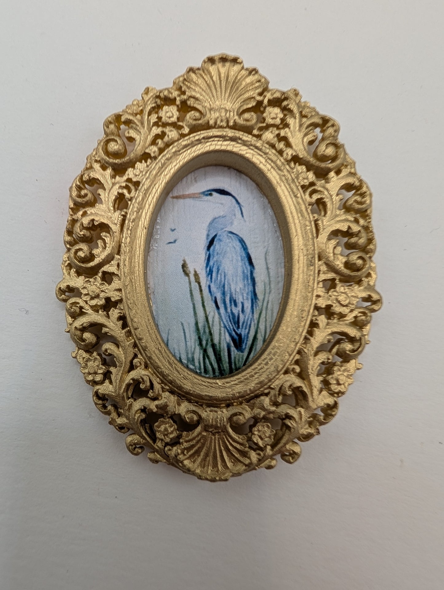 Tiny Blue Heron Watercolor Art Print - Dollhouse Size - With Gold Frame
