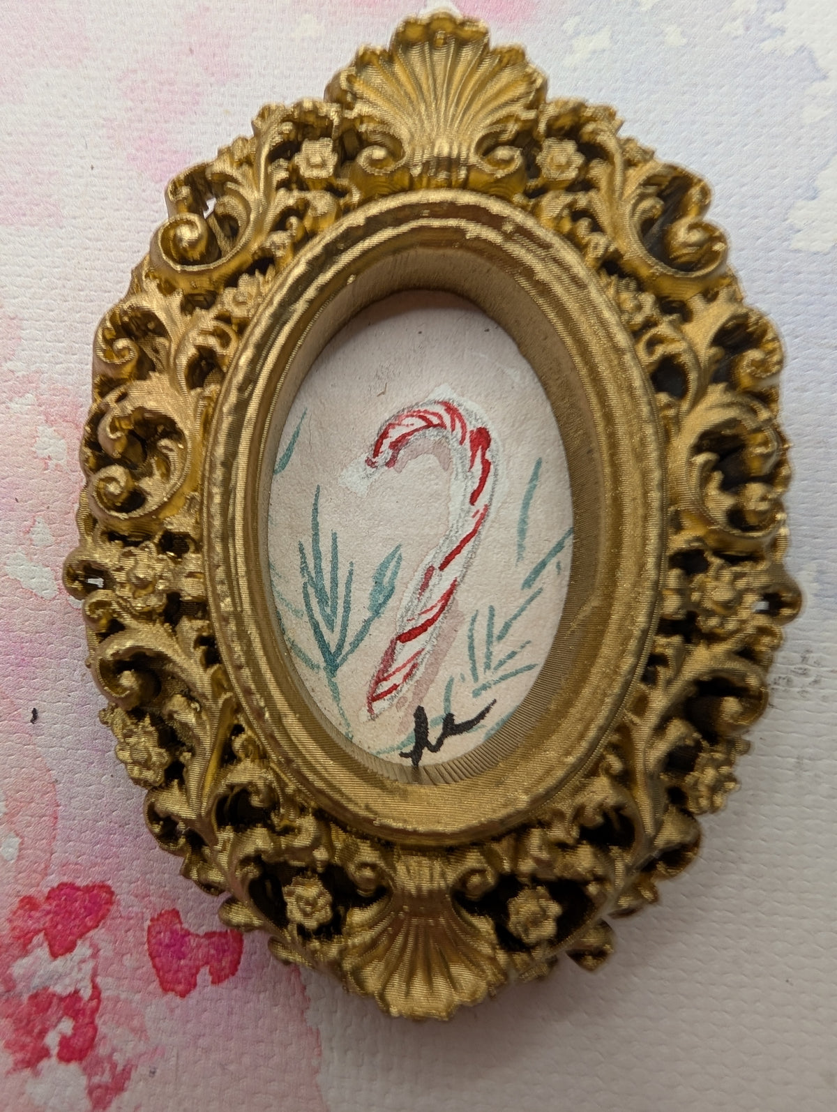 Mini Candy Cane Painting - Original Watercolor Art by Lora Cavallin