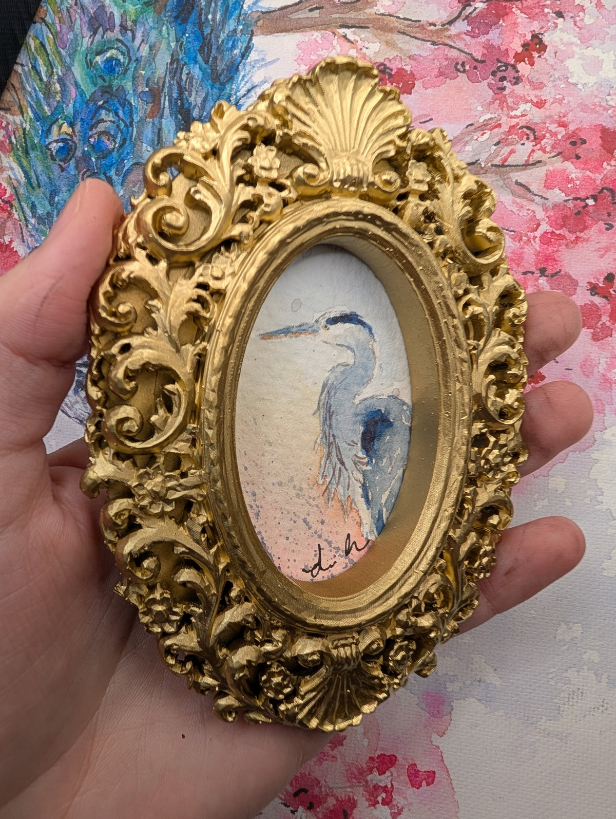 Mini Blue Heron Painting - Original Watercolor Art by Lora Cavallin