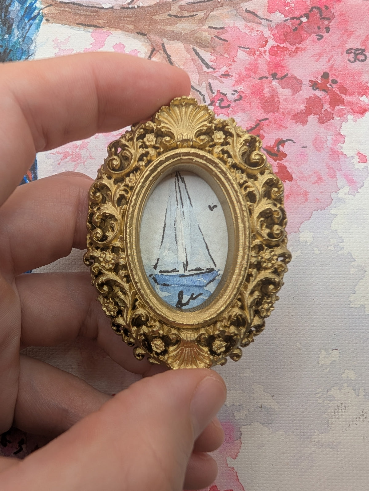 Mini Sailboat Painting - Original Watercolor Art by Lora Cavallin
