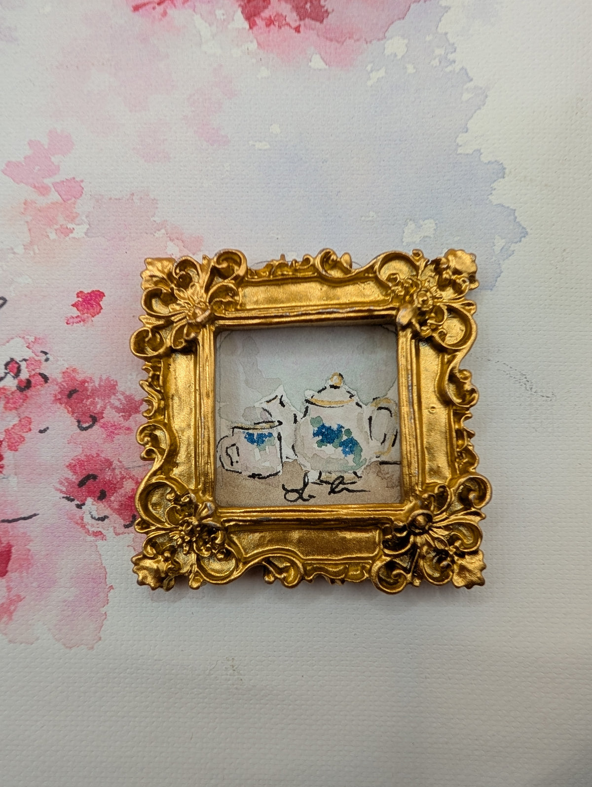 Mini Teapot and Teacup Painting - Original Watercolor Art by Lora Cavallin