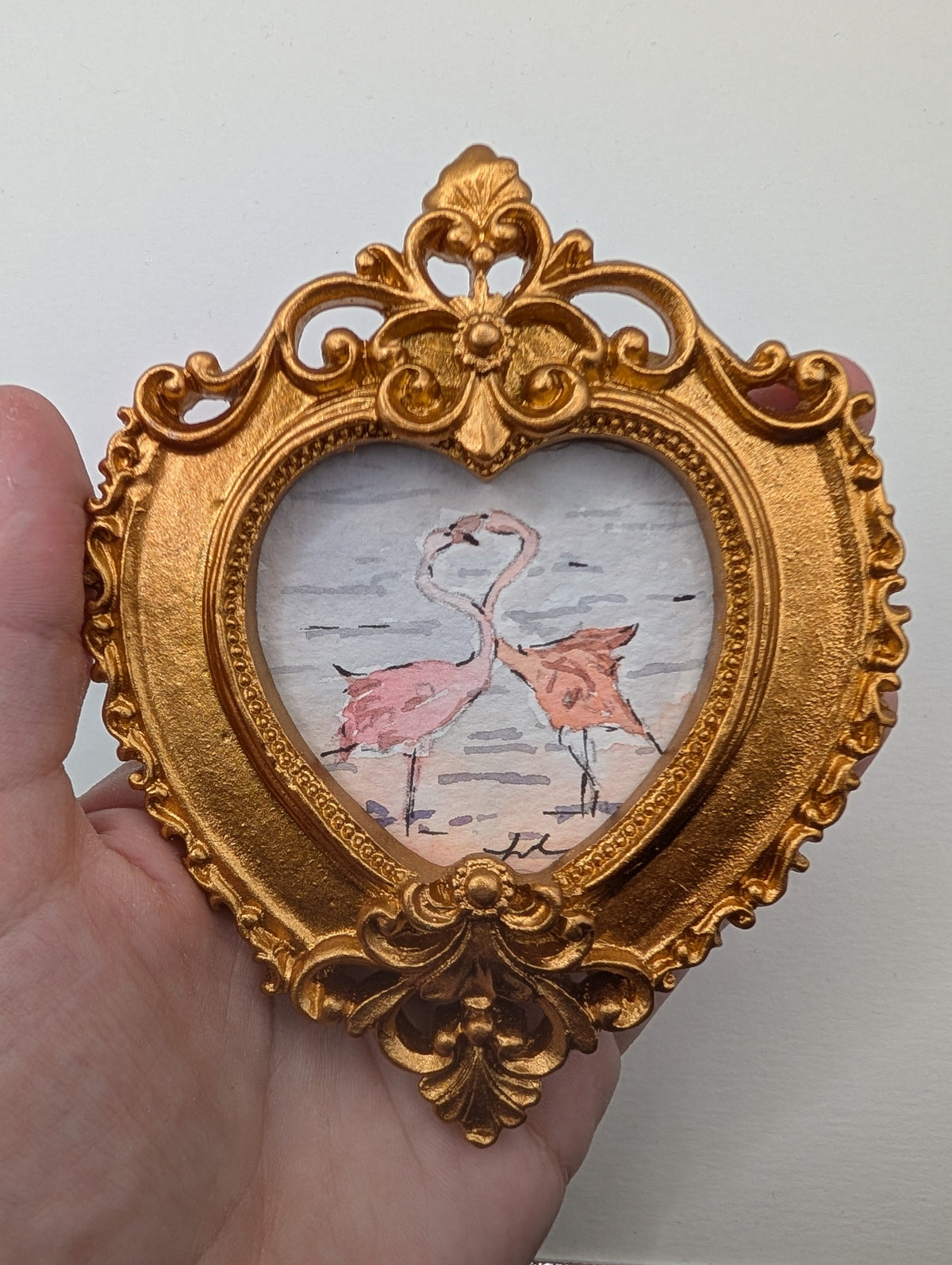 Mini Flamingos in Love Painting - Original Watercolor Art by Lora Cavallin
