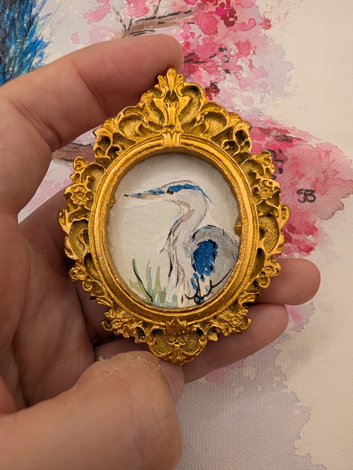 Mini Blue Heron Painting - Original Watercolor Art by Lora Cavallin