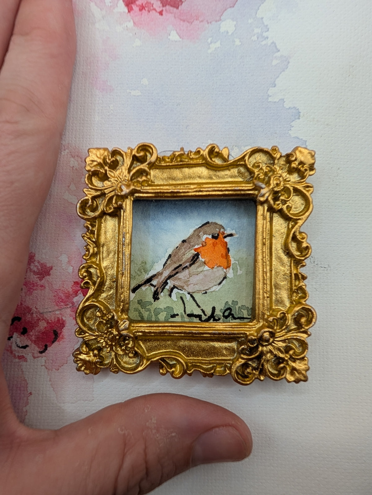 Mini Robin Bird Painting - Original Watercolor Art by Lora Cavallin