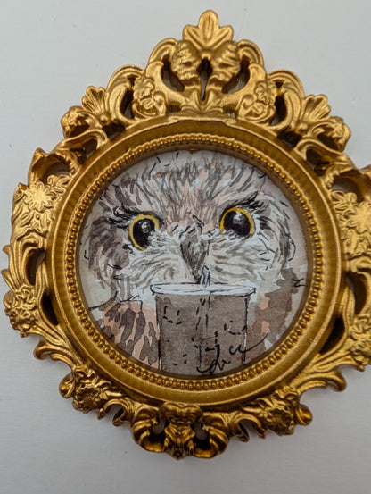 Mini Owl with Iced Drink Painting - Original Watercolor Art by Lora Cavallin