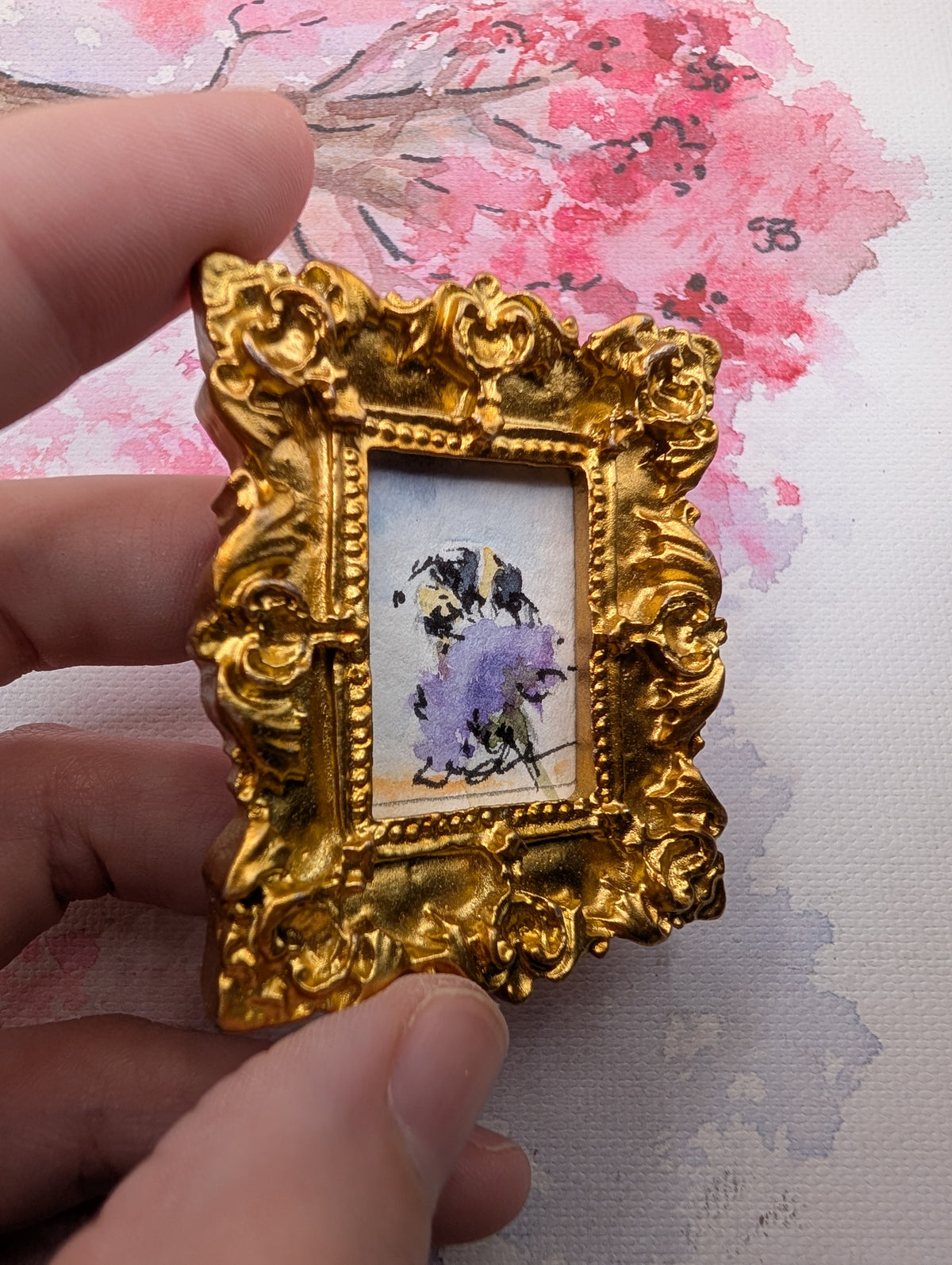Mini Bee on Flower Painting - Original Watercolor Art by Lora Cavallin
