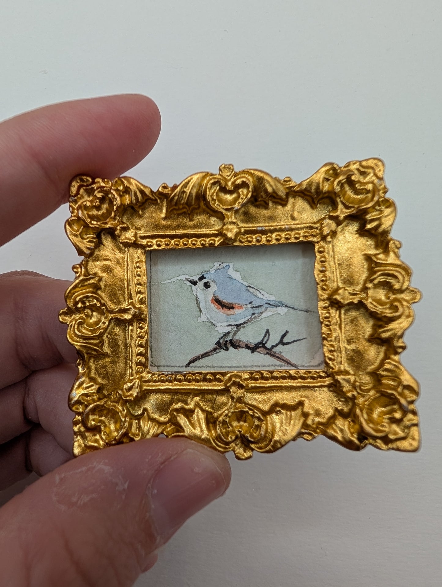 Mini Tufted Titmouse Bird Painting - Original Watercolor Art by Lora Cavallin