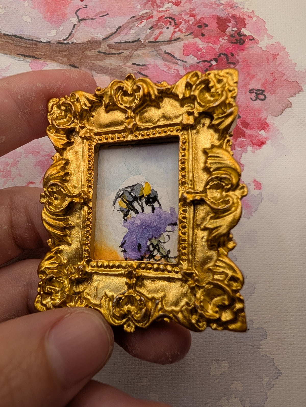 Mini Bee on Flower Painting - Original Watercolor Art by Lora Cavallin