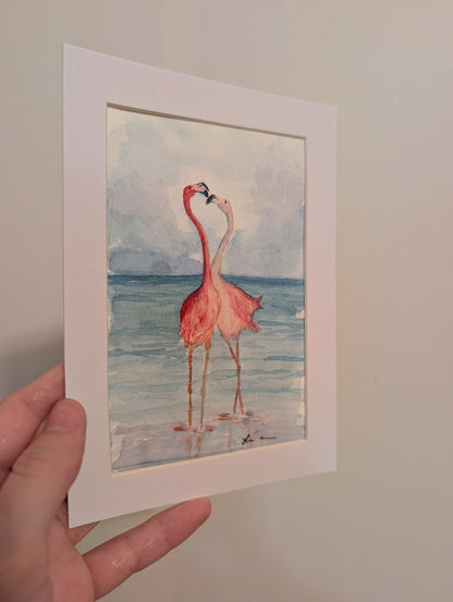Flamingos in Love Watercolor Painting - 4 x 6" - No Frame, Comes with Mat - Original Art by Lora Cavallin