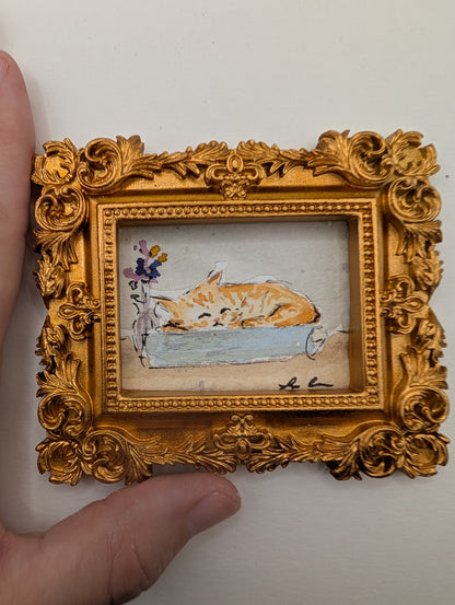 Mini Sleeping Cat Painting - Original Watercolor Art by Lora Cavallin