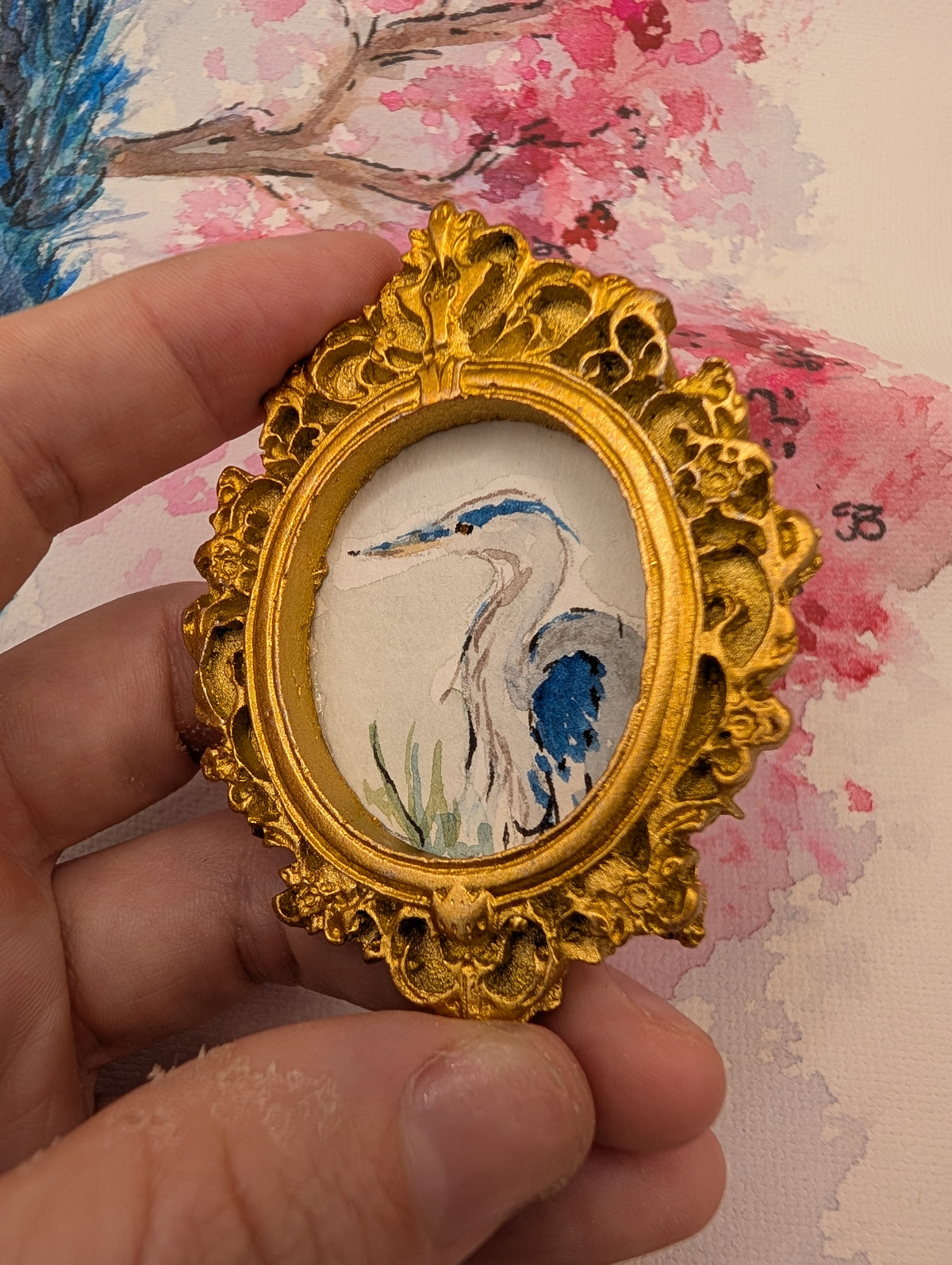 Mini Blue Heron Painting - Original Watercolor Art by Lora Cavallin