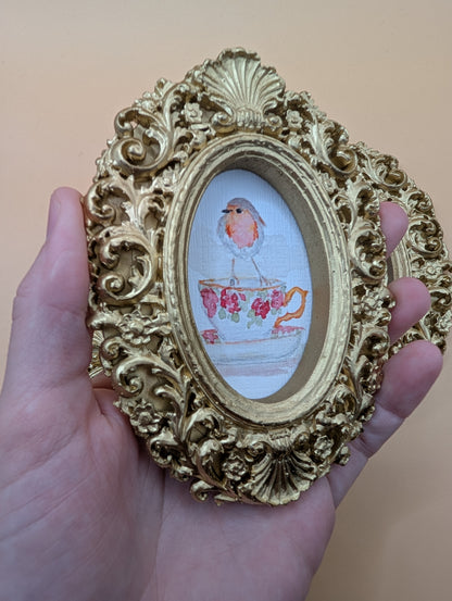 Small Birds on Teacups Art Print Set of Three - With Gold Frames - Watercolor Design