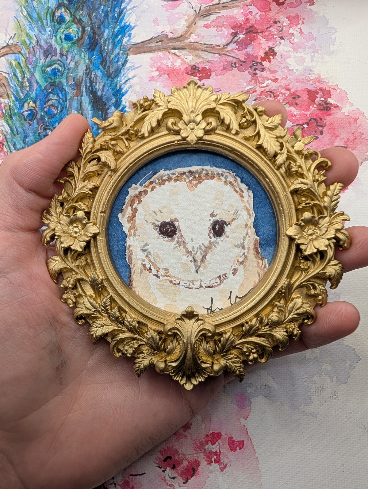 Mini Barn Owl Painting - Original Watercolor Art by Lora Cavallin