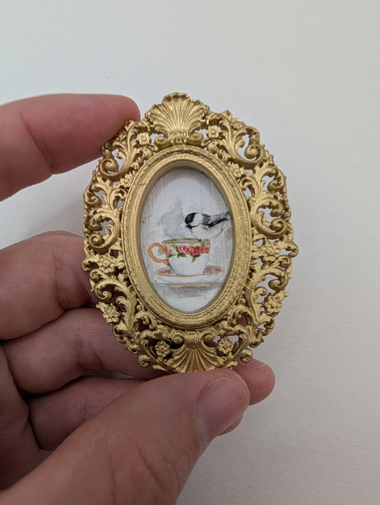 Tiny Chickadee Bird on Teacup Watercolor Art Print - Dollhouse Size - With Gold Frame