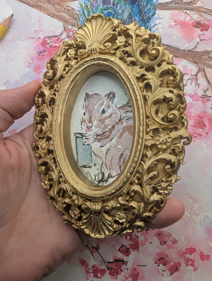 Mini Chipmunk with Coffee Painting - Original Watercolor Art by Lora Cavallin