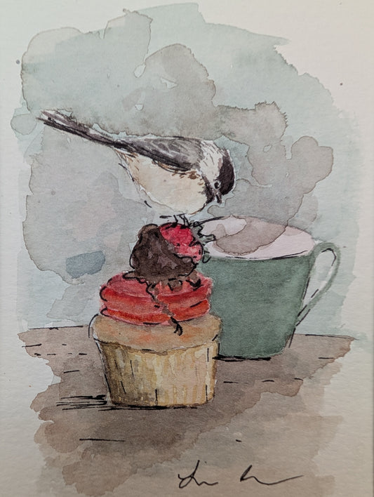 Chickadee Bird with Cupcake and Coffee Watercolor Painting - 5 x 7" - No Frame, Comes with Mat - Original Art by Lora Cavallin