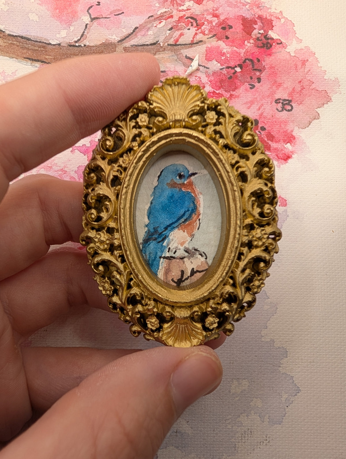 Mini Bluebird Painting - Original Watercolor Art by Lora Cavallin