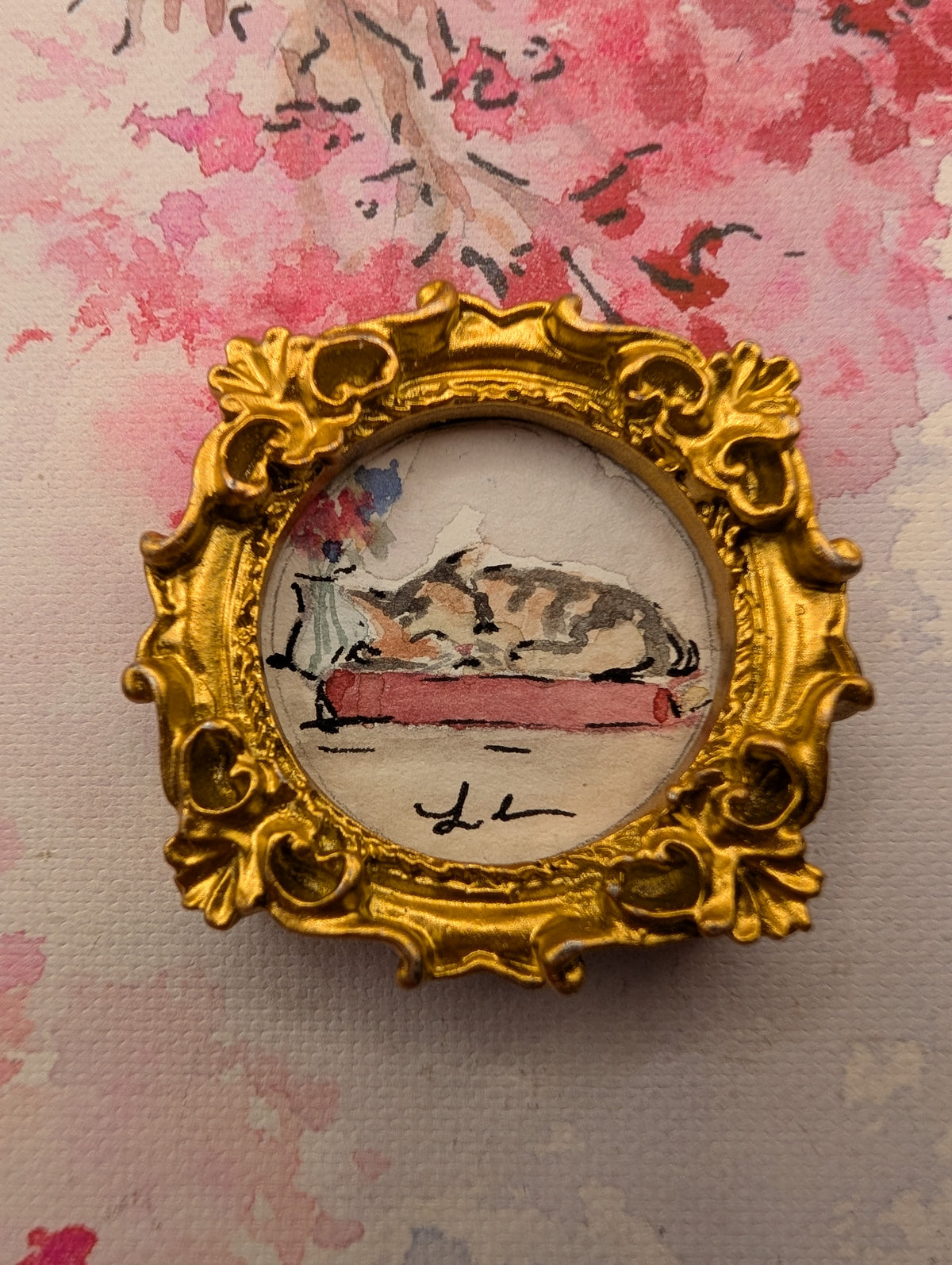 Mini Sleeping Cat Painting - Original Watercolor Art by Lora Cavallin