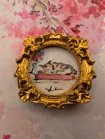 Mini Sleeping Cat Painting - Original Watercolor Art by Lora Cavallin
