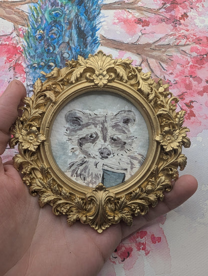 Mini Raccoon with Coffee Painting - Original Watercolor Art by Lora Cavallin