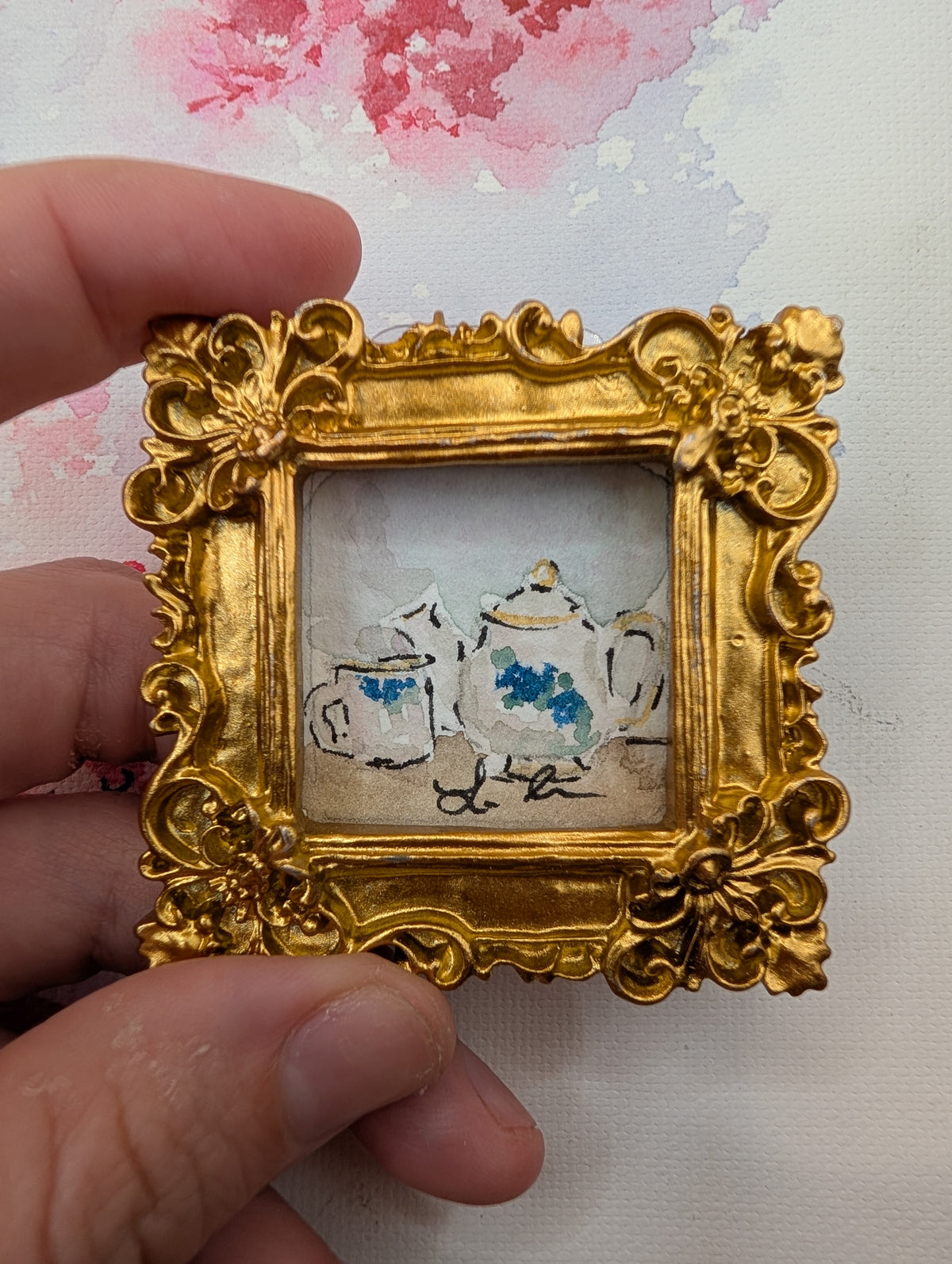 Mini Teapot and Teacup Painting - Original Watercolor Art by Lora Cavallin