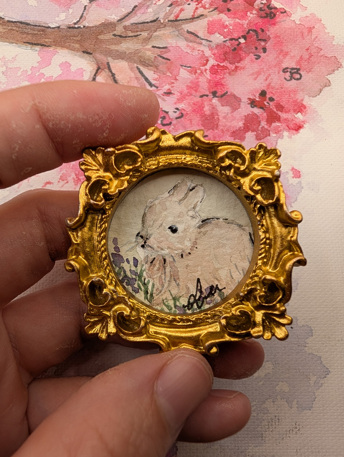 Mini Baby Bunny Painting - Original Watercolor Art by Lora Cavallin