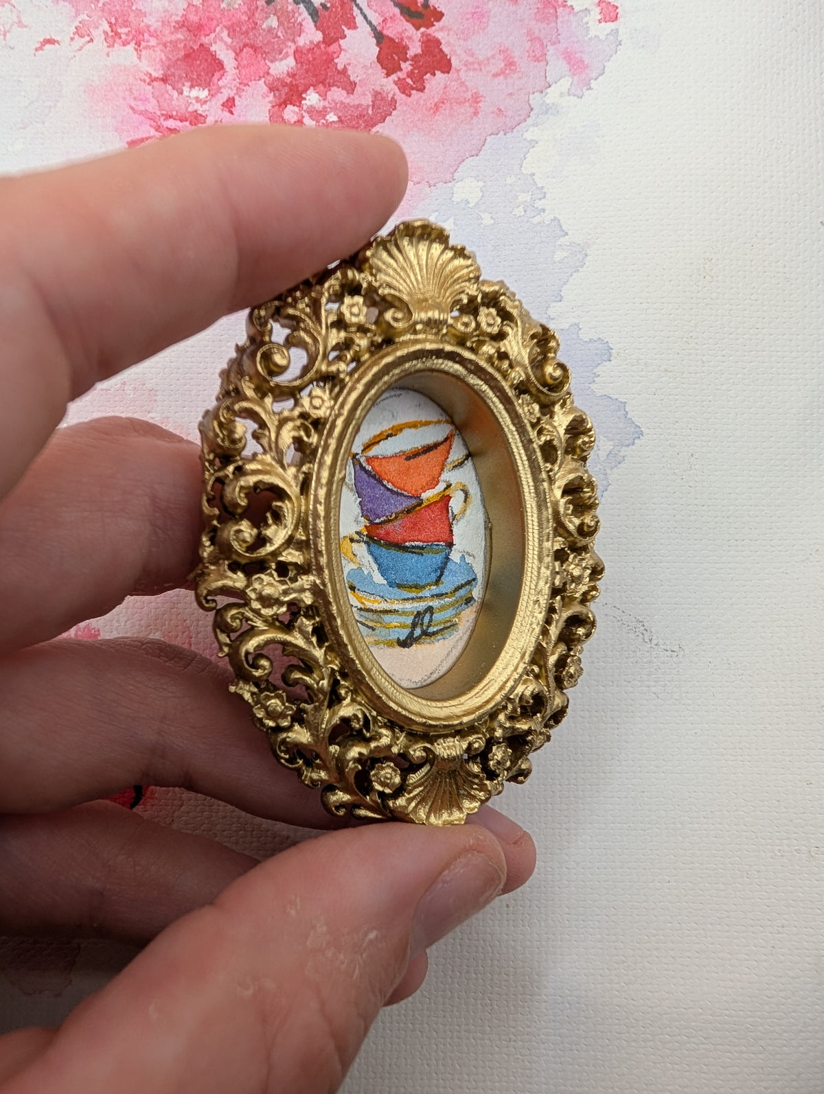 Mini Stack of Teacups Painting - Original Watercolor Art by Lora Cavallin