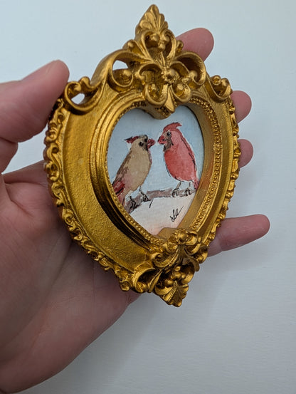 Mini Male and Female Cardinal Birds Painting - Original Watercolor Art by Lora Cavallin