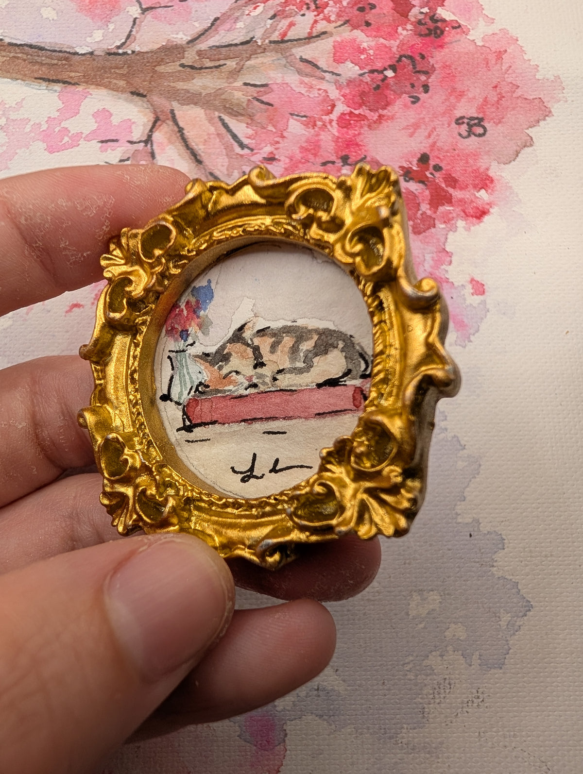 Mini Sleeping Cat Painting - Original Watercolor Art by Lora Cavallin