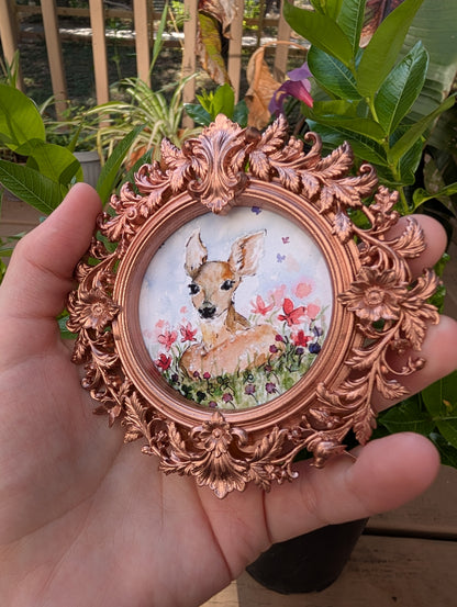 Baby Deer and Flowers — Round Framed Art Print