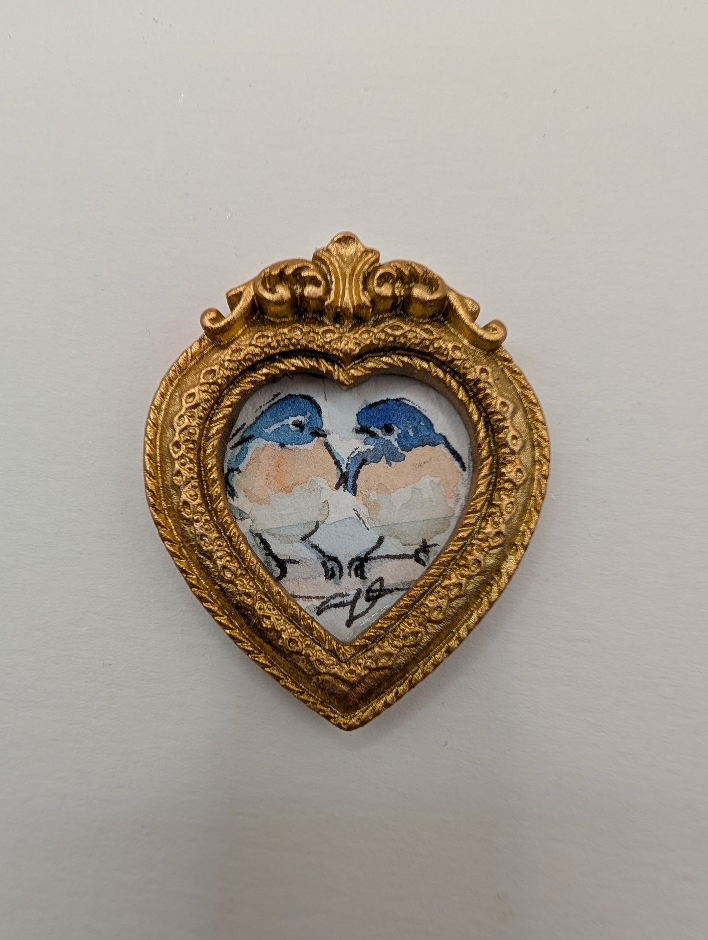 Mini Bluebirds in Love Painting - Original Watercolor Art by Lora Cavallin