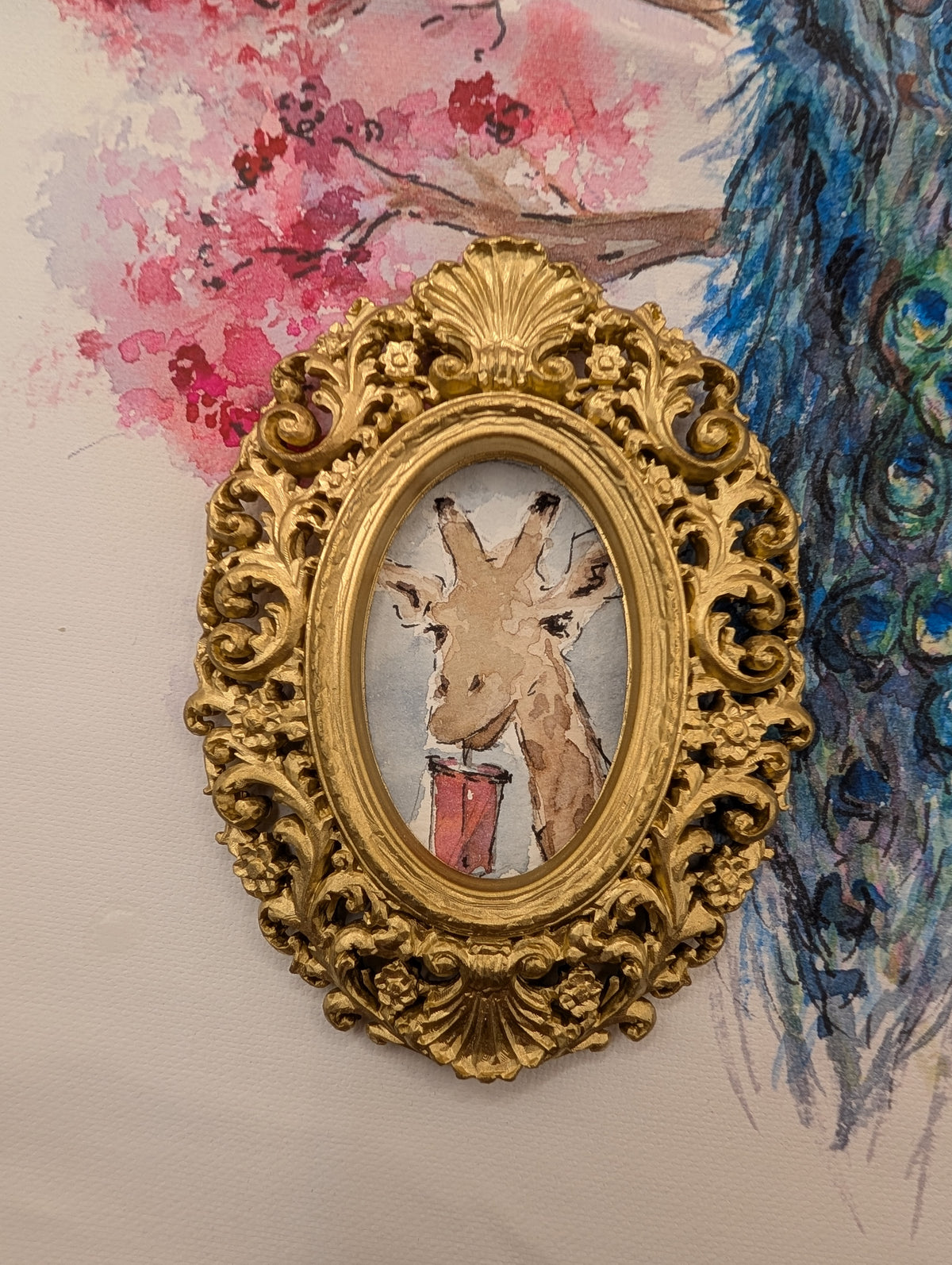 Mini Giraffe with Iced Drink Painting - Original Watercolor Art by Lora Cavallin