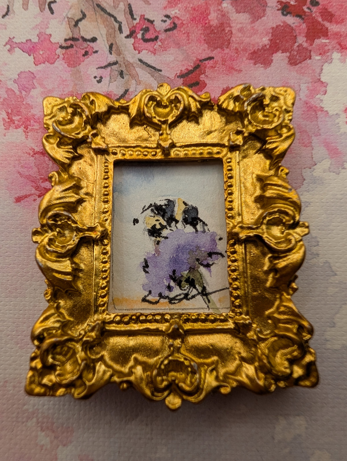 Mini Bee on Flower Painting - Original Watercolor Art by Lora Cavallin