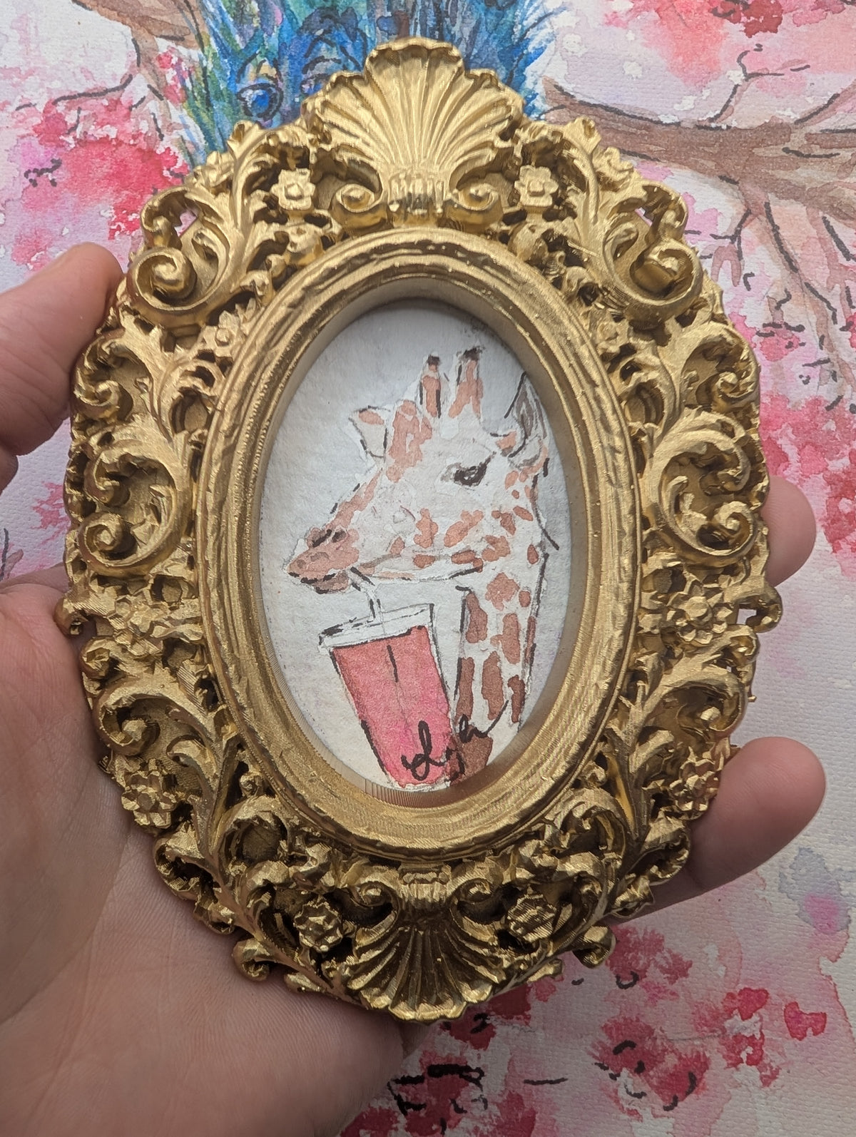 Mini Giraffe with Pink Drink Painting - Original Watercolor Art by Lora Cavallin