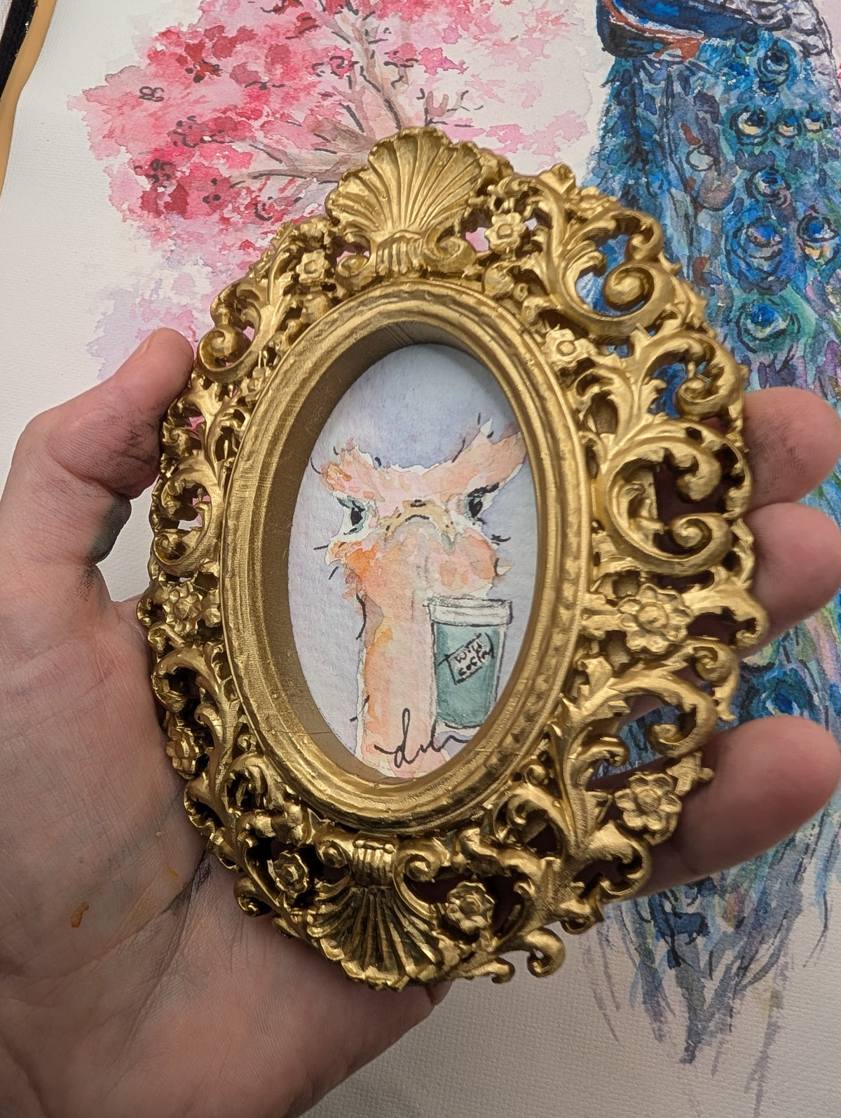 Mini Ostrich with Coffee Painting - Original Watercolor Art by Lora Cavallin