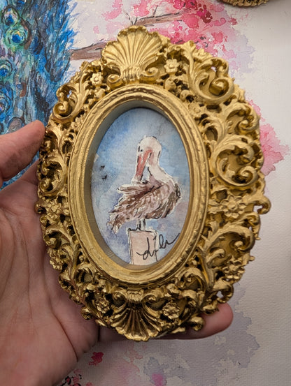 Mini Pelican Painting - Original Watercolor Art by Lora Cavallin