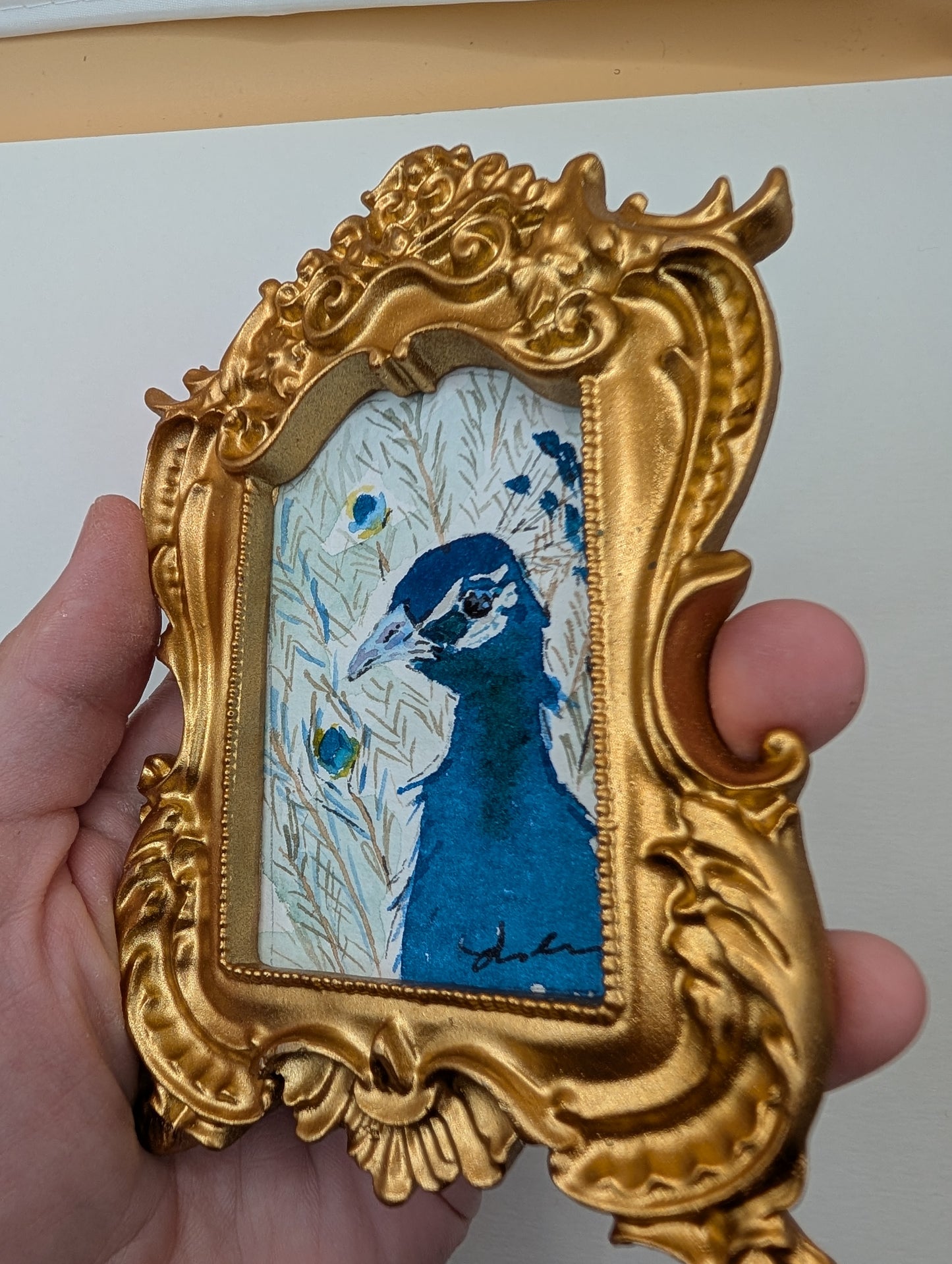 Mini Peacock Painting - Original Watercolor Art by Lora Cavallin