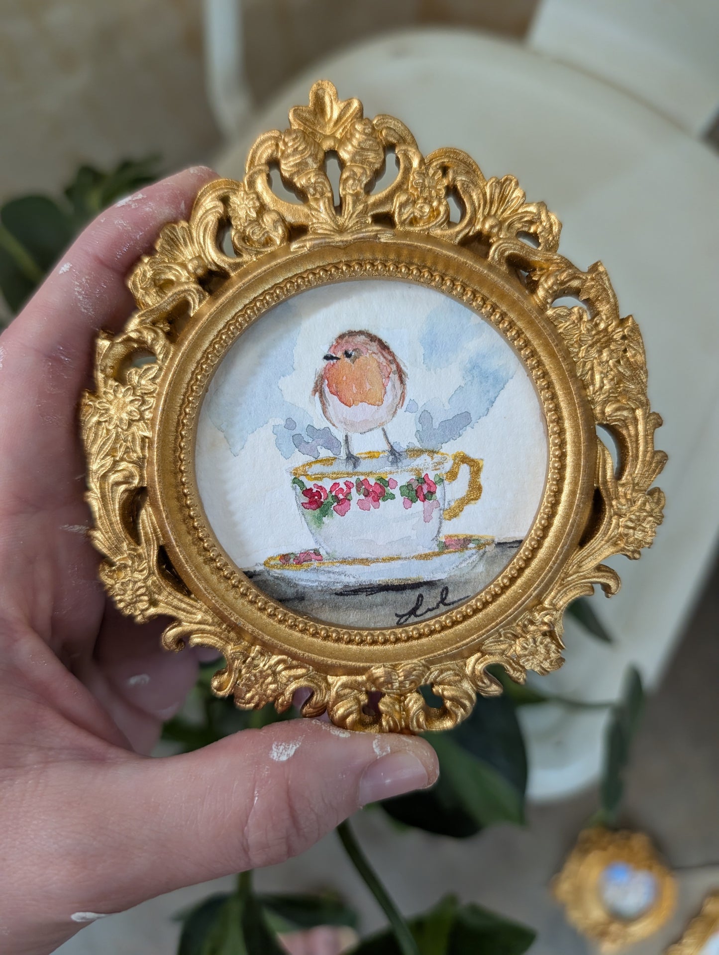 Mini Robin Bird on Teacup Painting - Original Watercolor Art by Lora Cavallin
