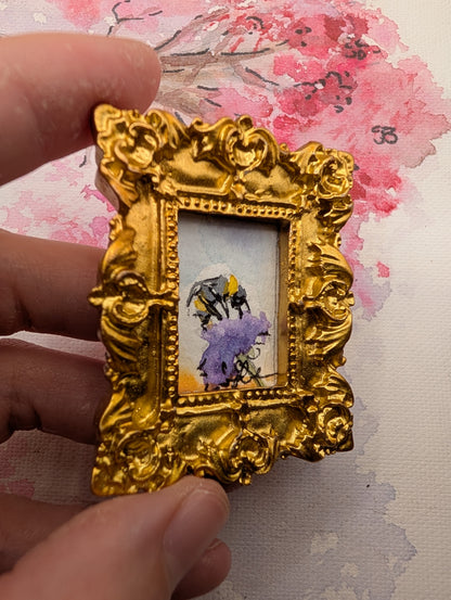Mini Bee on Flower Painting - Original Watercolor Art by Lora Cavallin