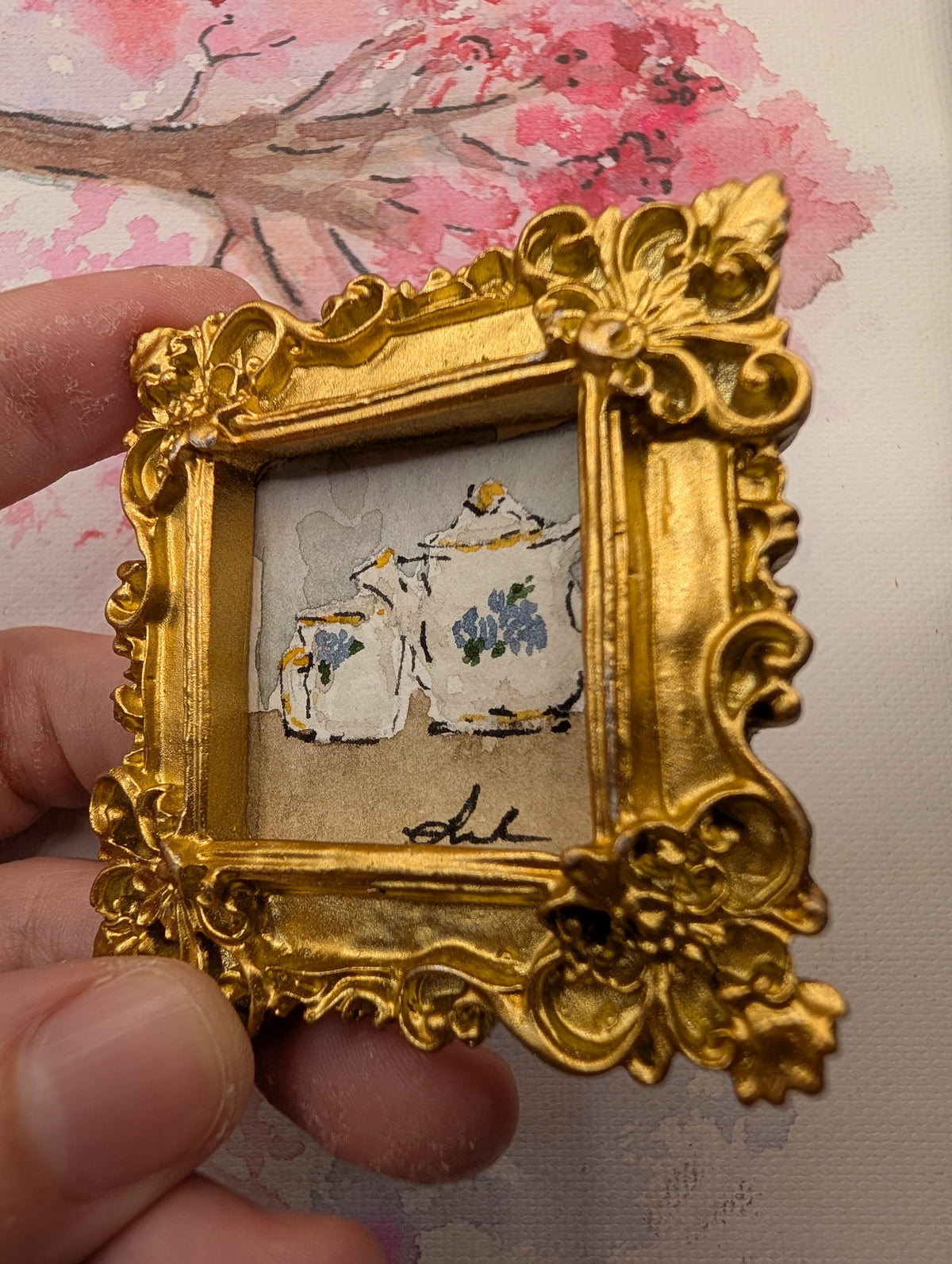 Mini Teapot and Teacup Painting - Original Watercolor Art by Lora Cavallin