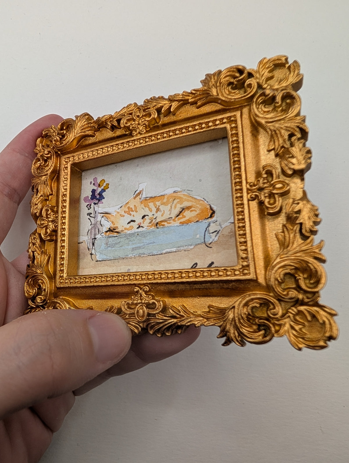 Mini Sleeping Cat Painting - Original Watercolor Art by Lora Cavallin