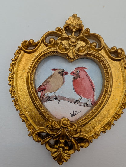 Mini Male and Female Cardinal Birds Painting - Original Watercolor Art by Lora Cavallin