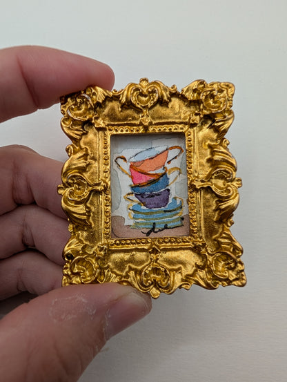 Mini Teacup Stack Painting - Original Watercolor Art by Lora Cavallin