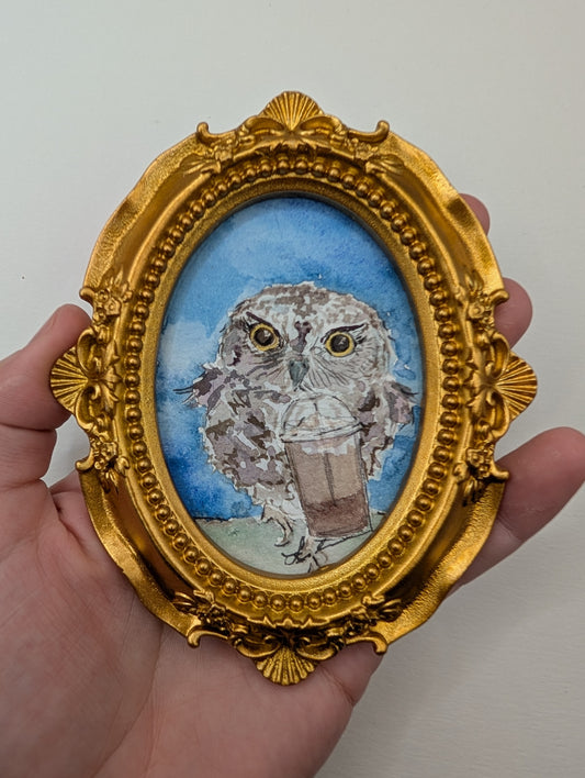 Mini Owl with Frozen Coffee Painting - Original Watercolor Art by Lora Cavallin
