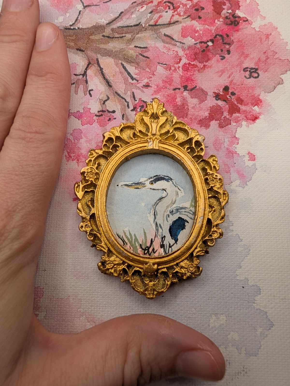 Mini Blue Heron Painting - Original Watercolor Art by Lora Cavallin