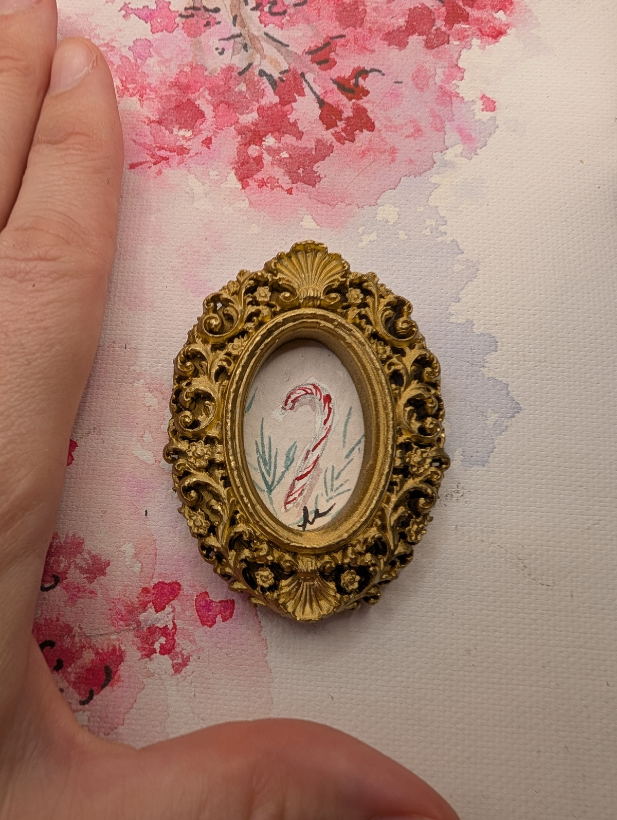 Mini Candy Cane Painting - Original Watercolor Art by Lora Cavallin