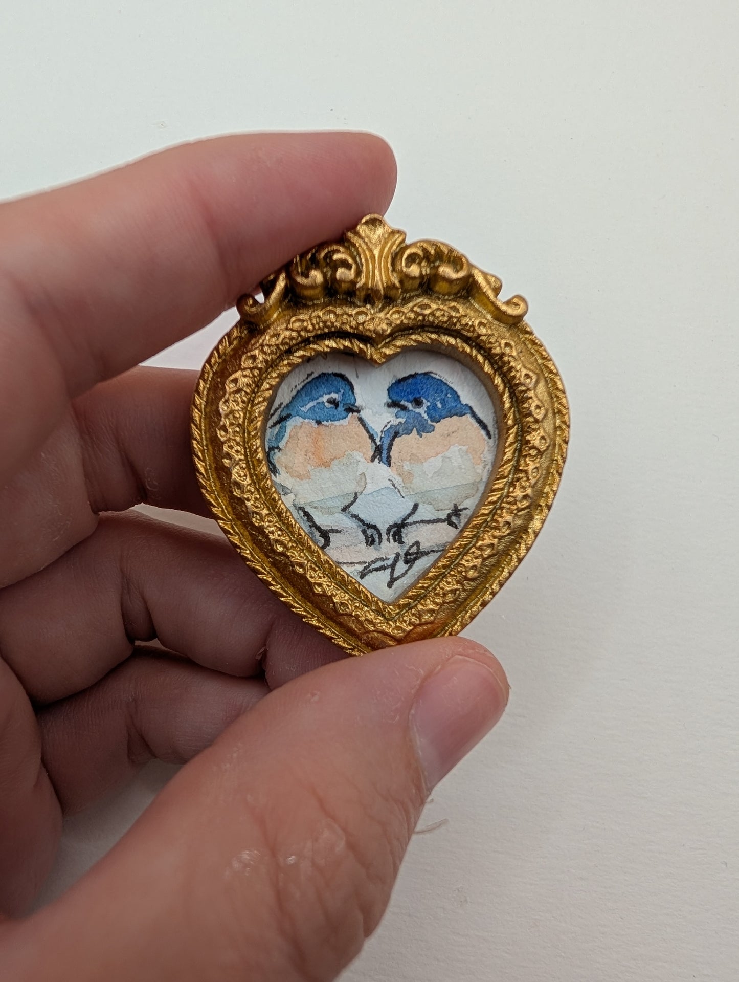 Mini Bluebirds in Love Painting - Original Watercolor Art by Lora Cavallin